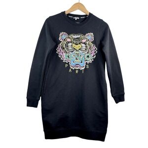 Kenzo Paris Tiger logo Embroidered Sweatshirt Dress Black Multi 90s Y2K sz M